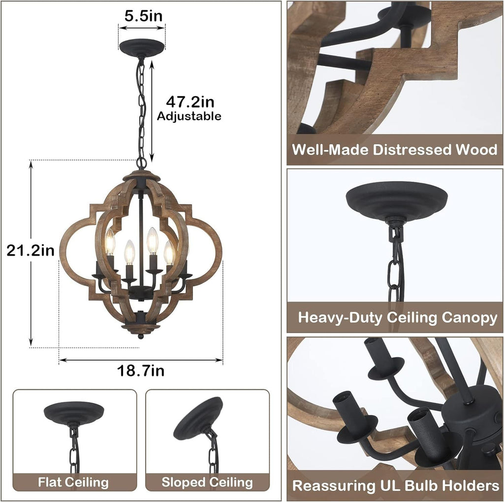 Chandelier Farmhouse 6-Light Rustic Wood Black Pendant Kitchen Island NIKKI CASA