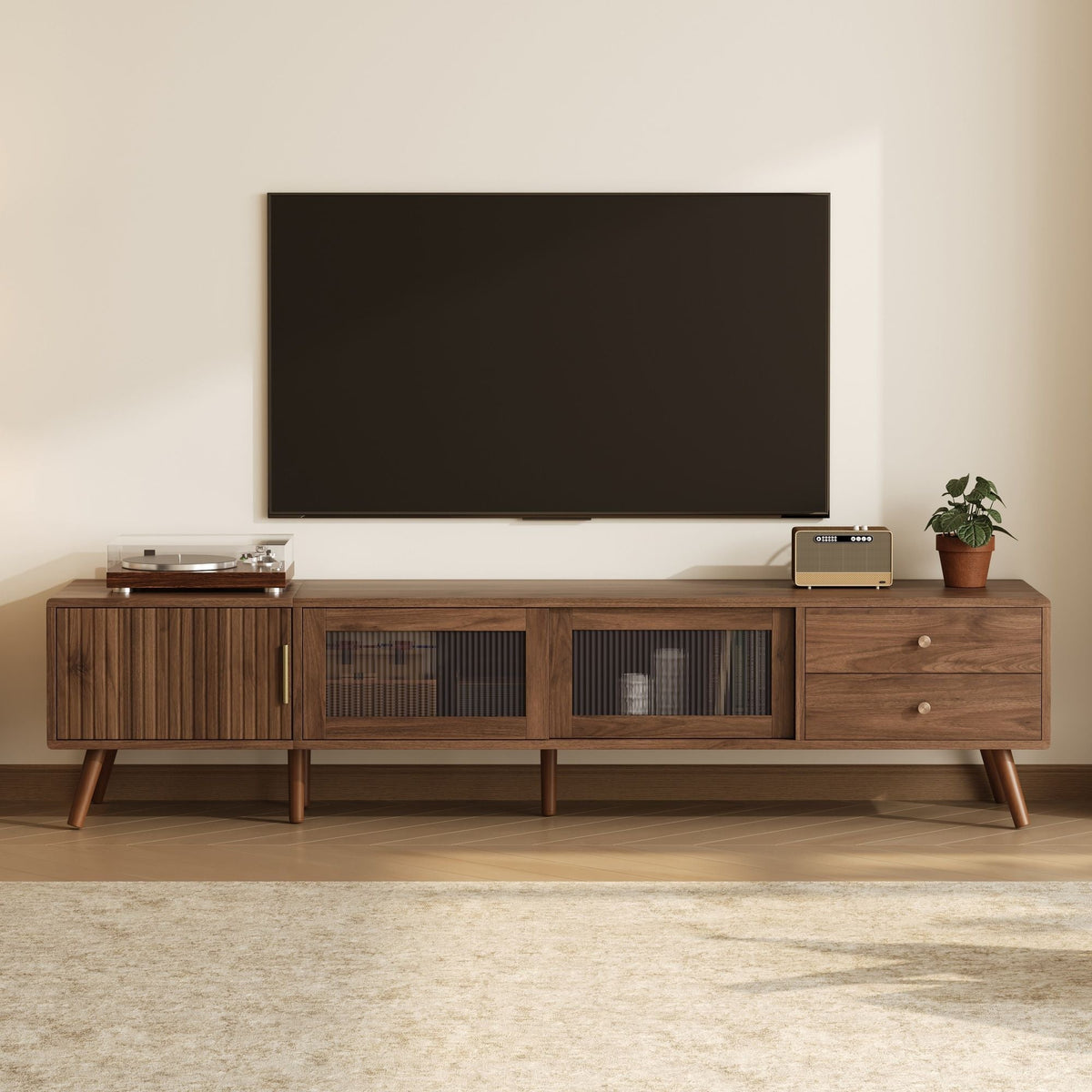 Doors TV Stand For TVs Up To 85", Entertainment Center With Storage Cabinets, TV Media Console Table For Living Room - Natural Unique Piece Furniture