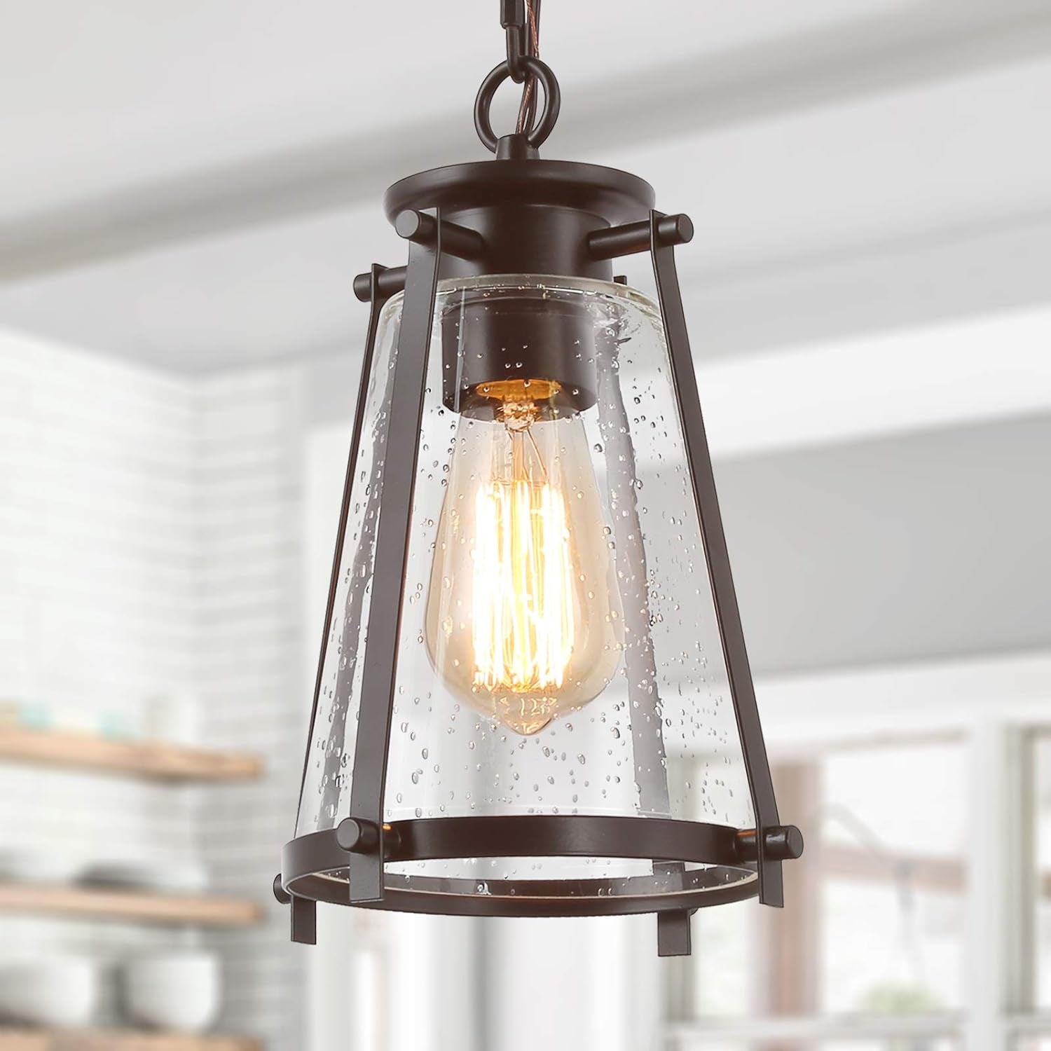 Farmhouse Pendant Lighting with Seeded Glass Shade Farmhouse Decor