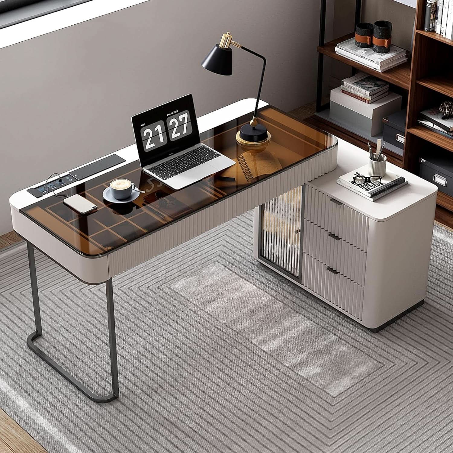 Ivory 50 Inch Office Computer Desk With Cabinet LED lights ShipItFurniture