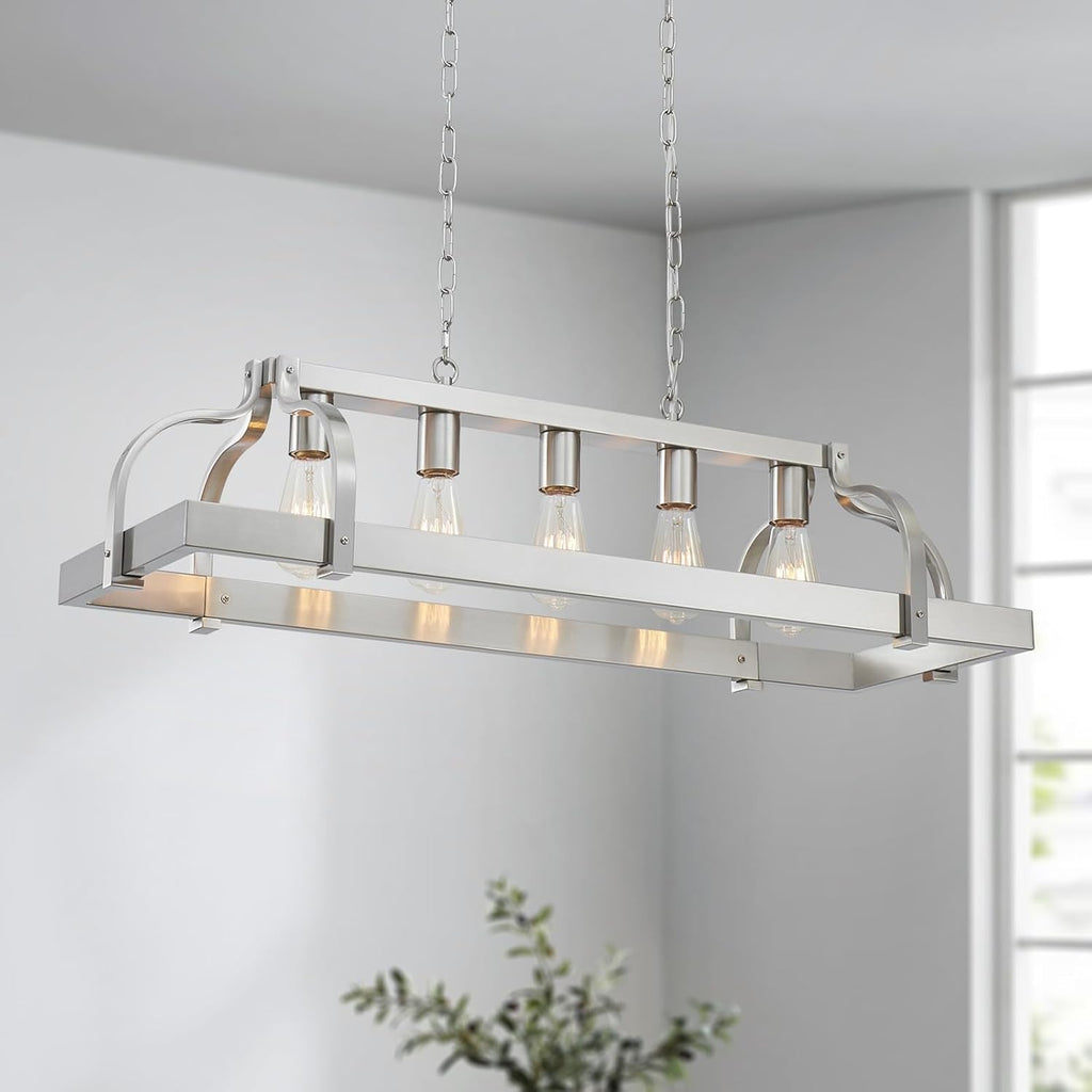 5-Light Metal Linear Chandelier Imitation Wood Grain Farmhouse Decor