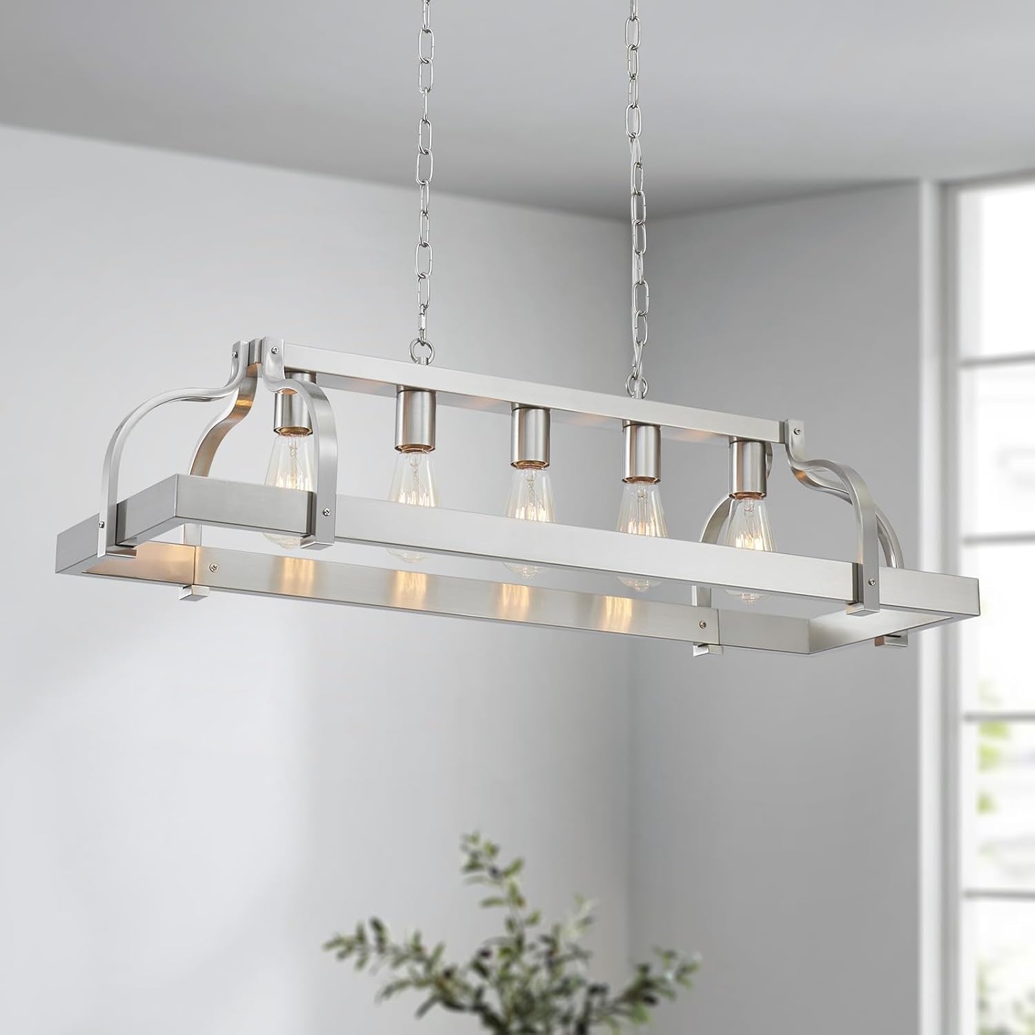 5-Light Metal Linear Chandelier Imitation Wood Grain Farmhouse Decor