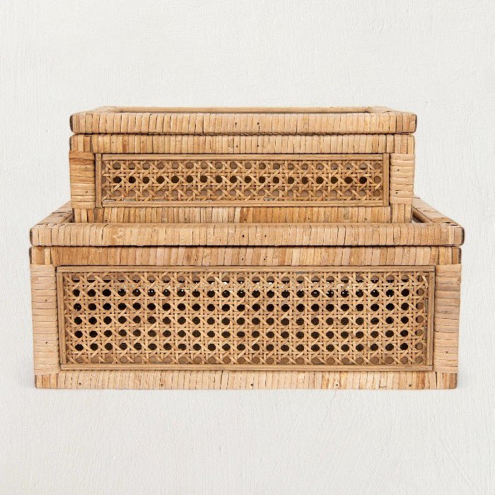 Woven Rattan & Wood Display Boxes with Glass Lid, Set of 2 White Cliff Studio