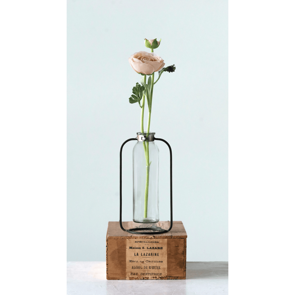 Glass Bud Vase in Metal Stand White Cliff Studio