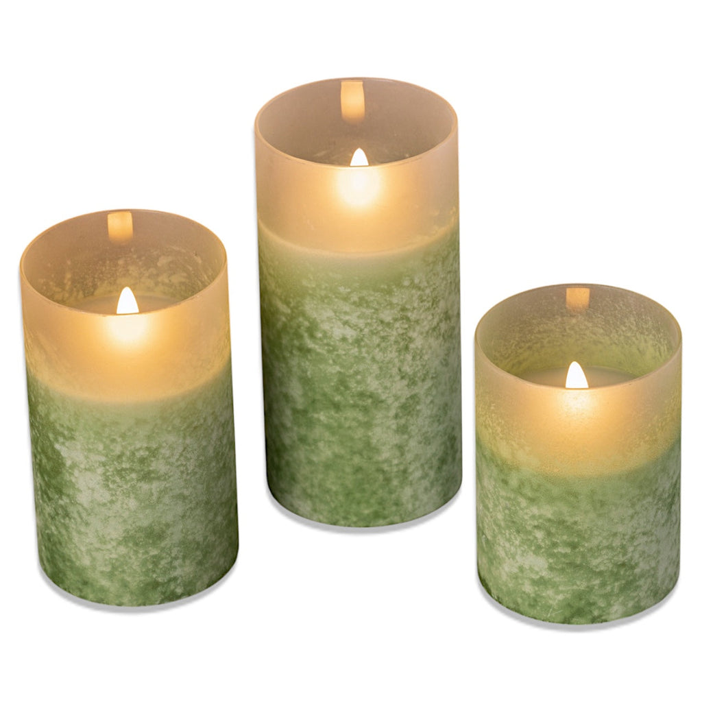 Green Frosted Glass LED Flickering Flame Candle | 3 Sizes Rust & Cinder