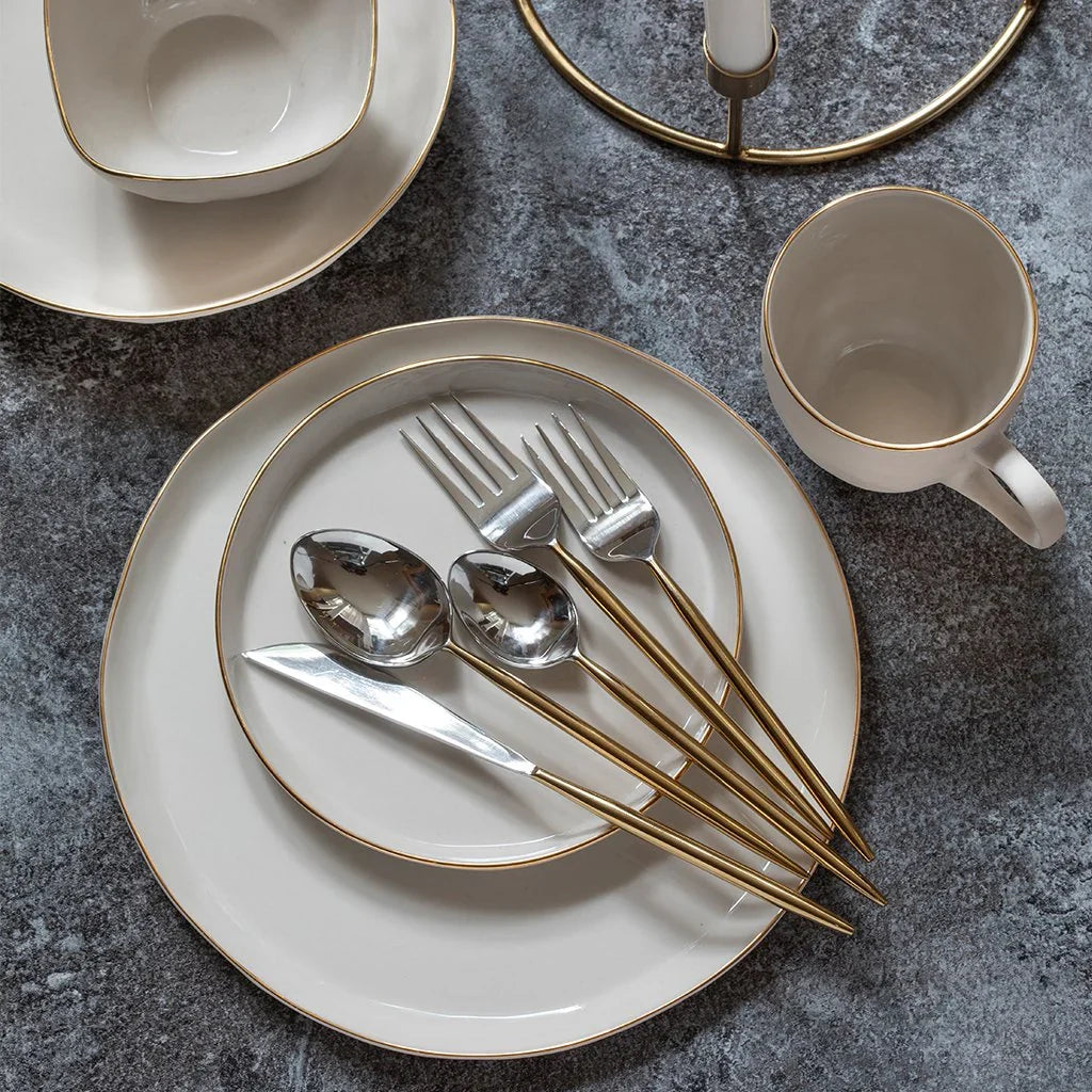 Tam Gold Rim Stoneware Plate, Pearl Tea + Linen