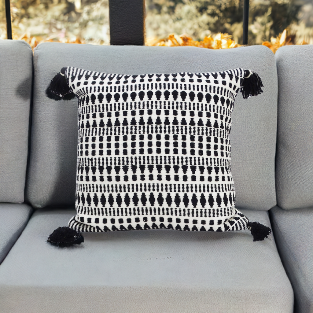 Black 22" X 22" Throw Pillow for couch with Tassels-Winter Vibhsa