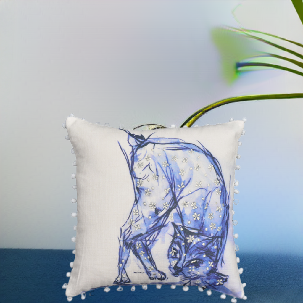 Blue Decorative Pillow with Pom-Poms Cat 18"x18" Vibhsa