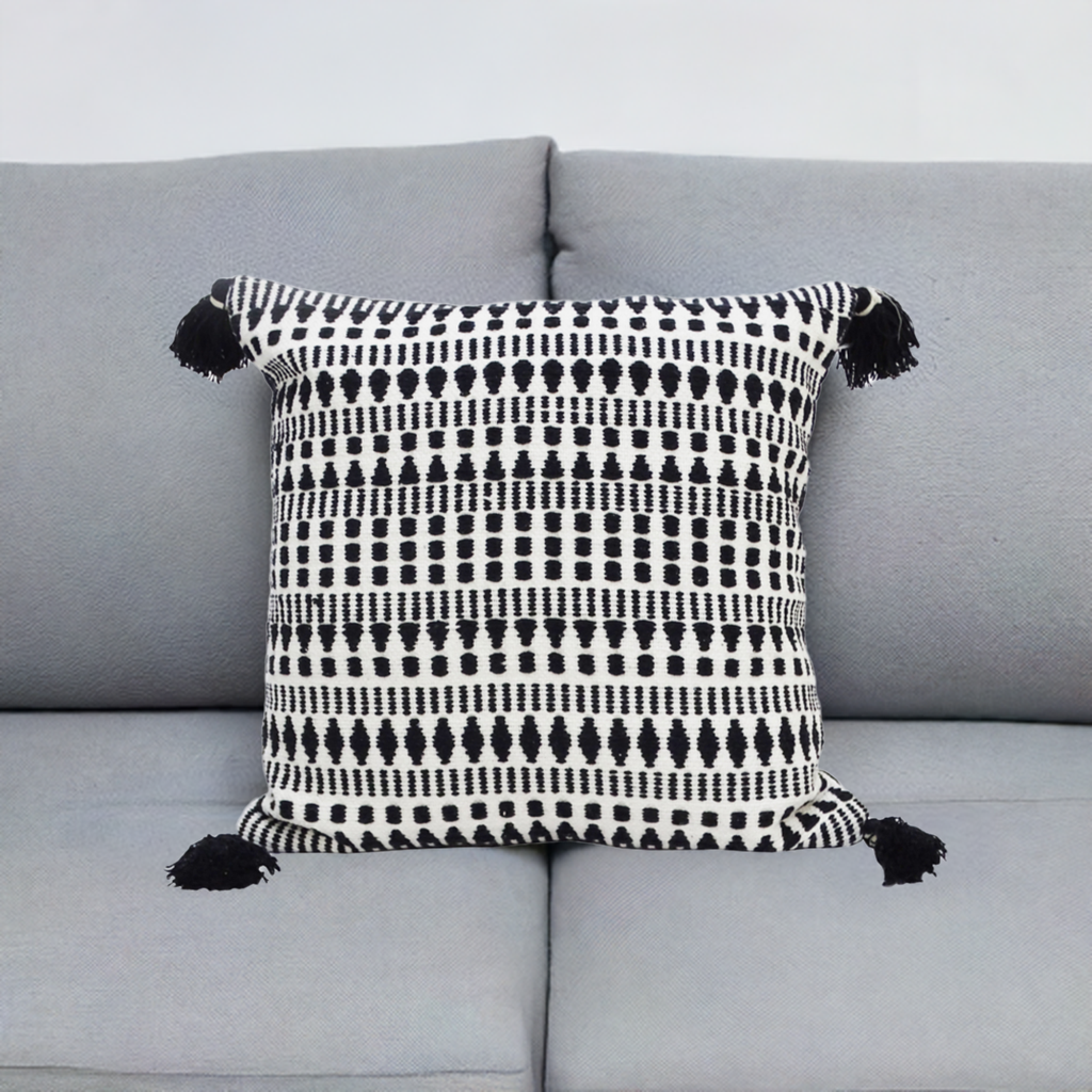 Black 22" X 22" Throw Pillow for couch with Tassels-Winter Vibhsa
