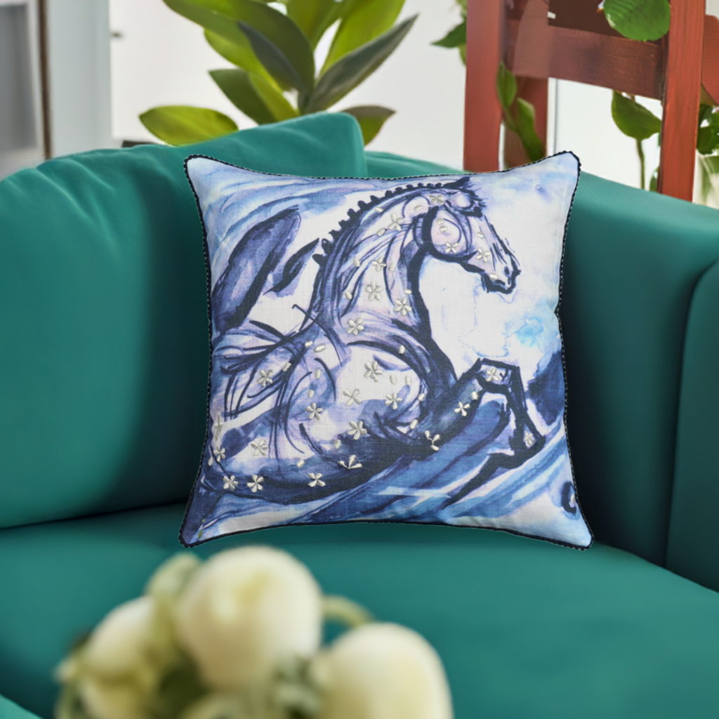 Embroidered 18"x18" Blue Decorative Pillow (Horse) Vibhsa