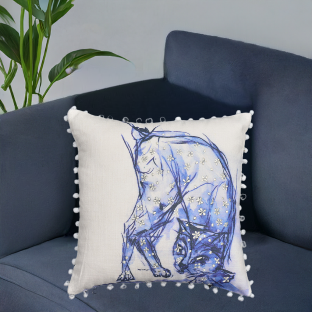 Blue Decorative Pillow with Pom-Poms Cat 18"x18" Vibhsa