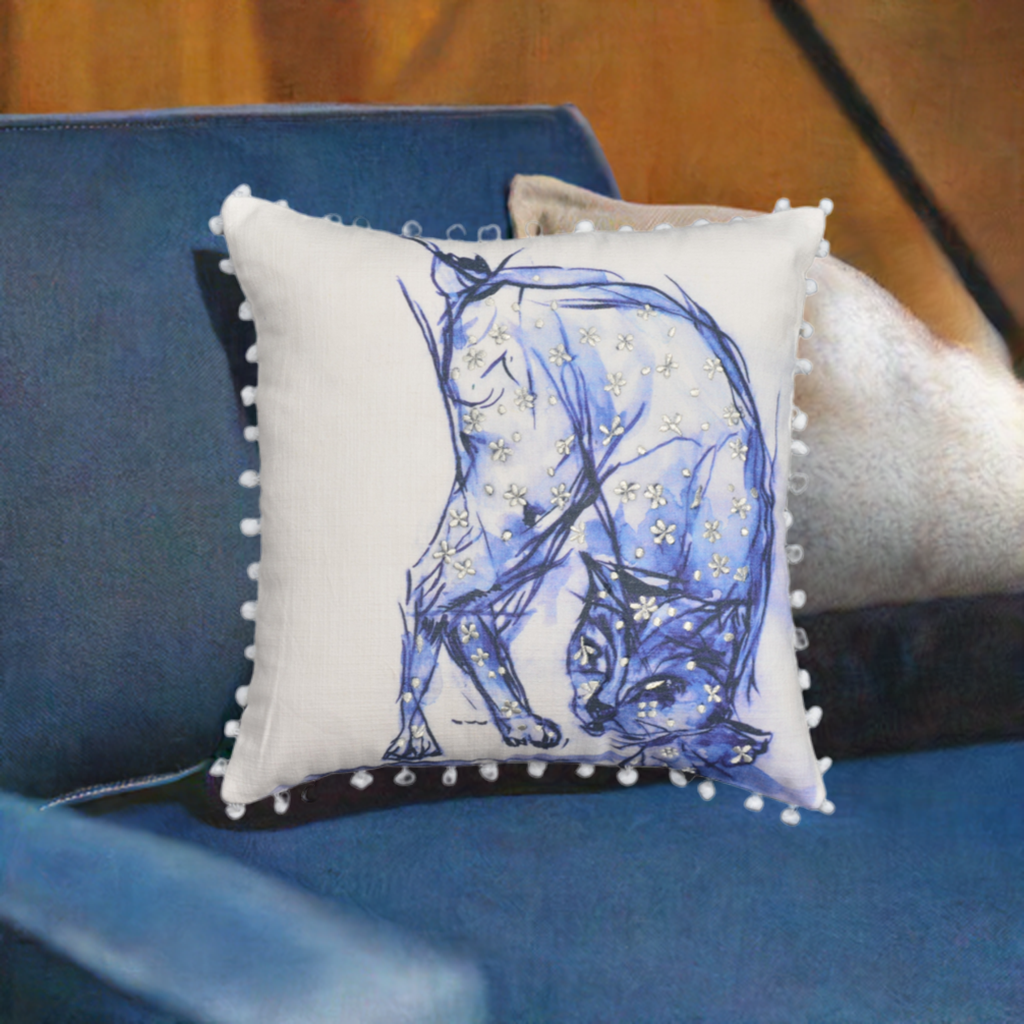 Blue Decorative Pillow with Pom-Poms Cat 18"x18" Vibhsa