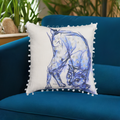 Blue Decorative Pillow with Pom-Poms Cat 18"x18" Vibhsa
