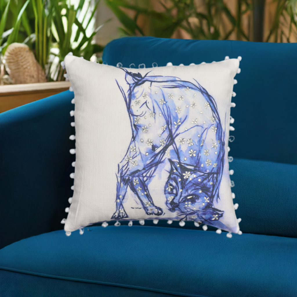 Blue Decorative Pillow with Pom-Poms Cat 18"x18" Vibhsa