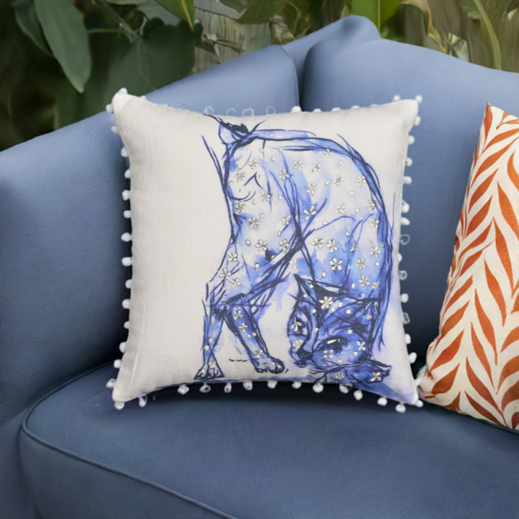 Blue Decorative Pillow with Pom-Poms Cat 18"x18" Vibhsa