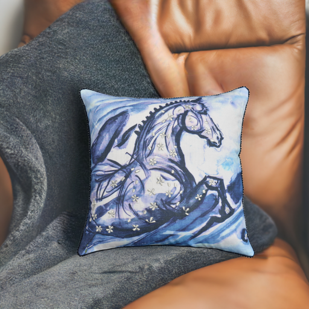 Embroidered 18"x18" Blue Decorative Pillow (Horse) Vibhsa
