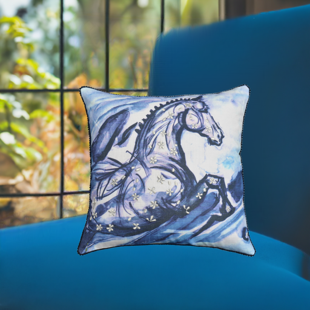Embroidered 18"x18" Blue Decorative Pillow (Horse) Vibhsa