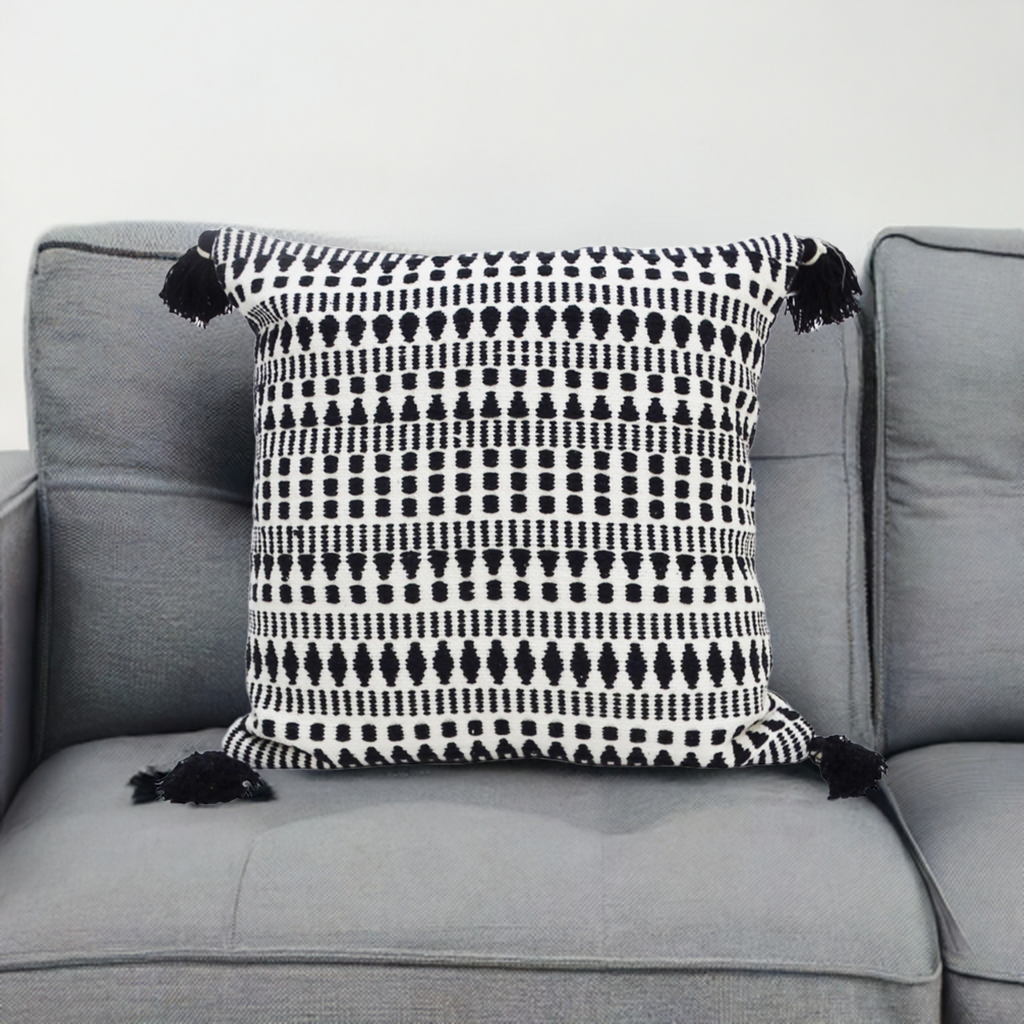 Black 22" X 22" Throw Pillow for couch with Tassels-Winter Vibhsa