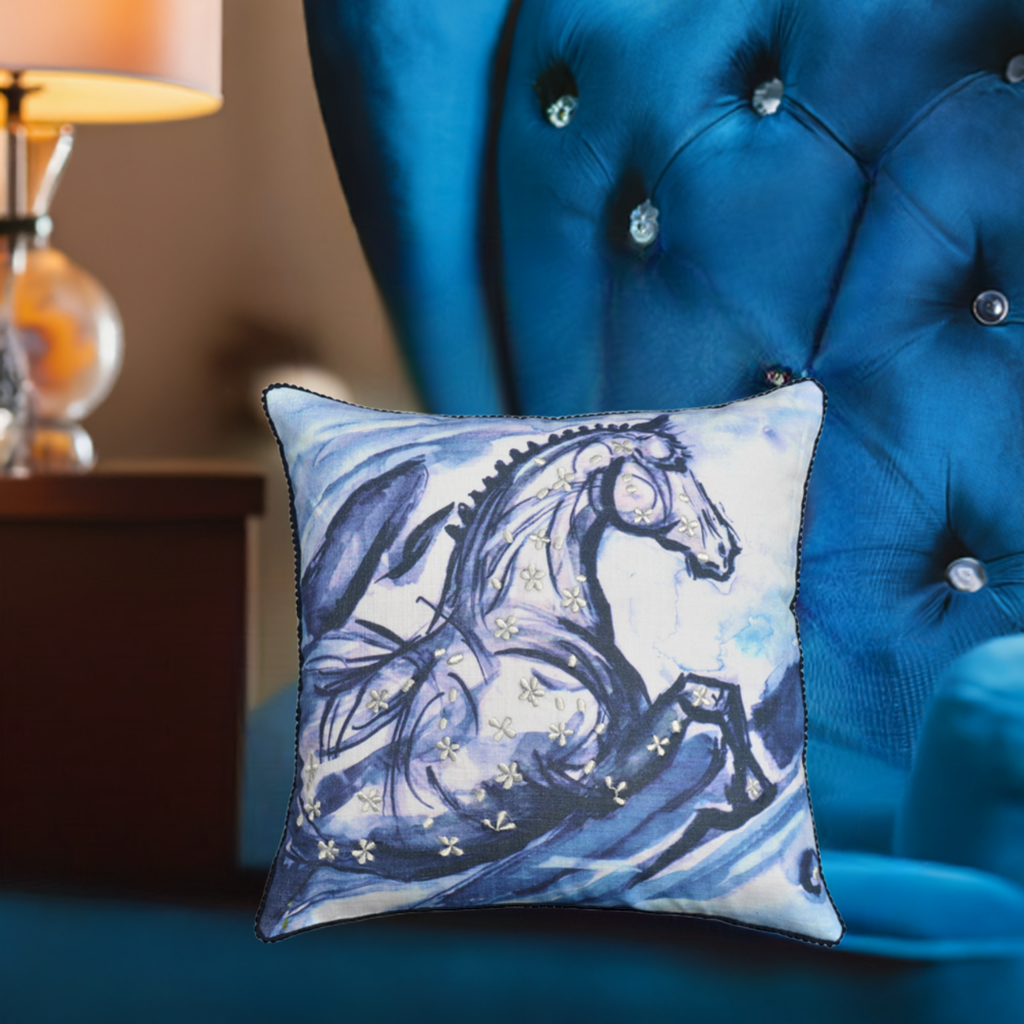 Embroidered 18"x18" Blue Decorative Pillow (Horse) Vibhsa