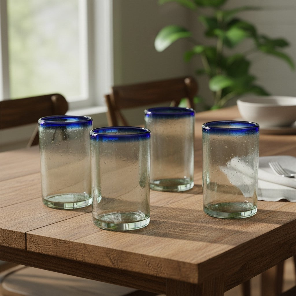 Hand-Blown Mexican Tumbler Glass | Cobalt Blue Rim Design The Talavera Hub