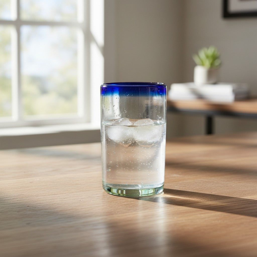 Hand-Blown Mexican Tumbler Glass | Cobalt Blue Rim Design The Talavera Hub