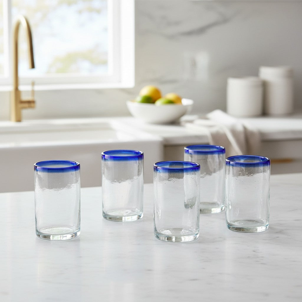 Hand-Blown Mexican Tumbler Glass | Cobalt Blue Rim Design The Talavera Hub