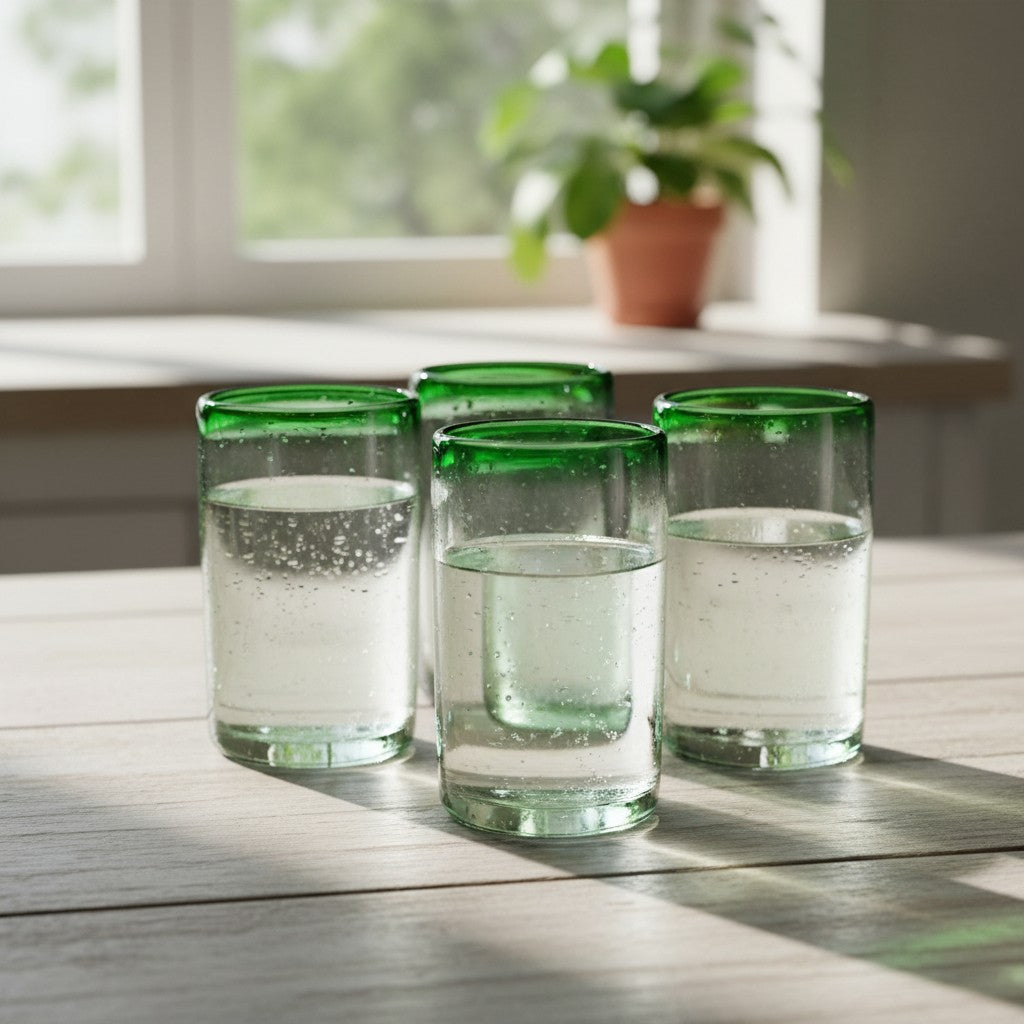 Hand-Blown Mexican Tumbler Glass | Emerald Green Rim The Talavera Hub