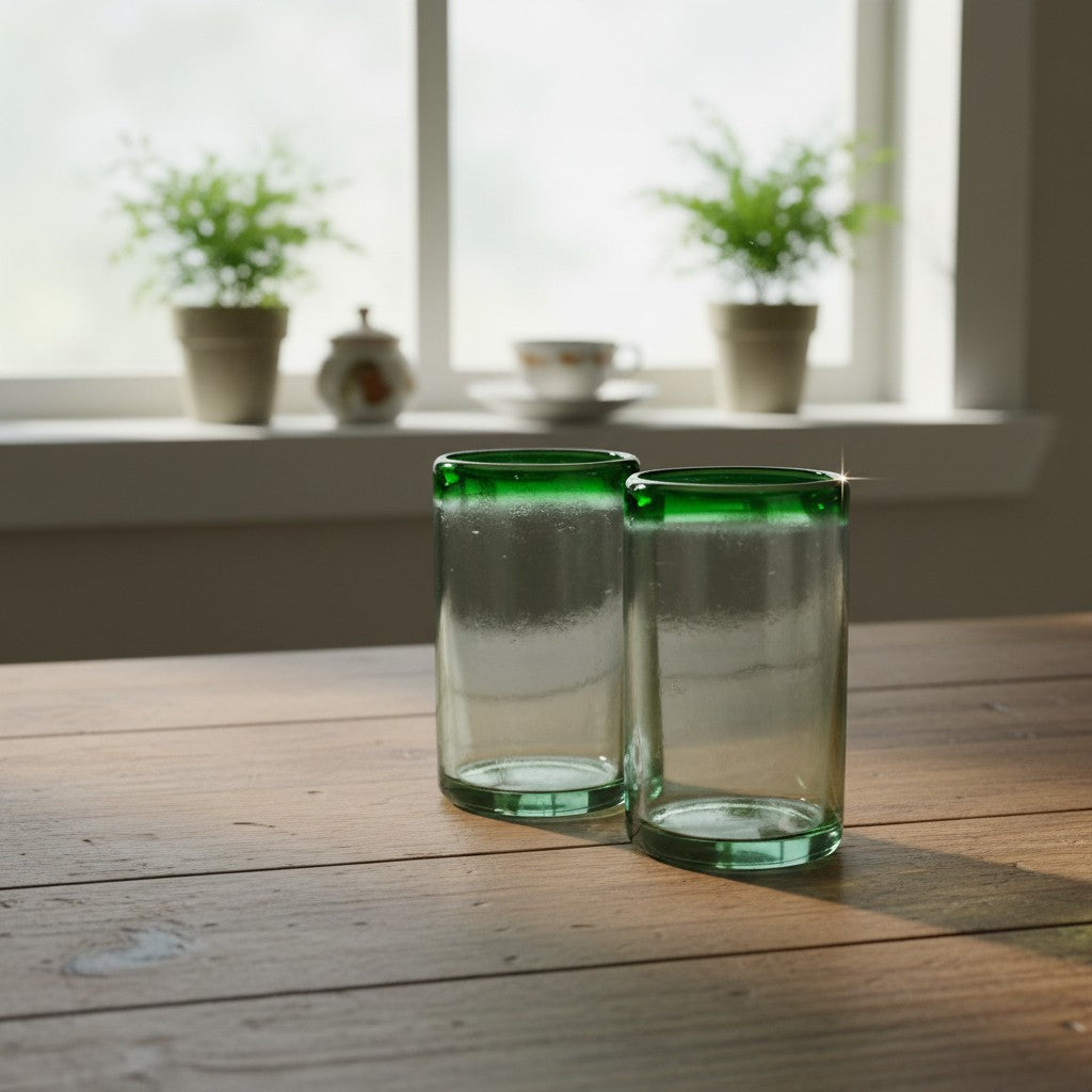 Hand-Blown Mexican Tumbler Glass | Emerald Green Rim The Talavera Hub