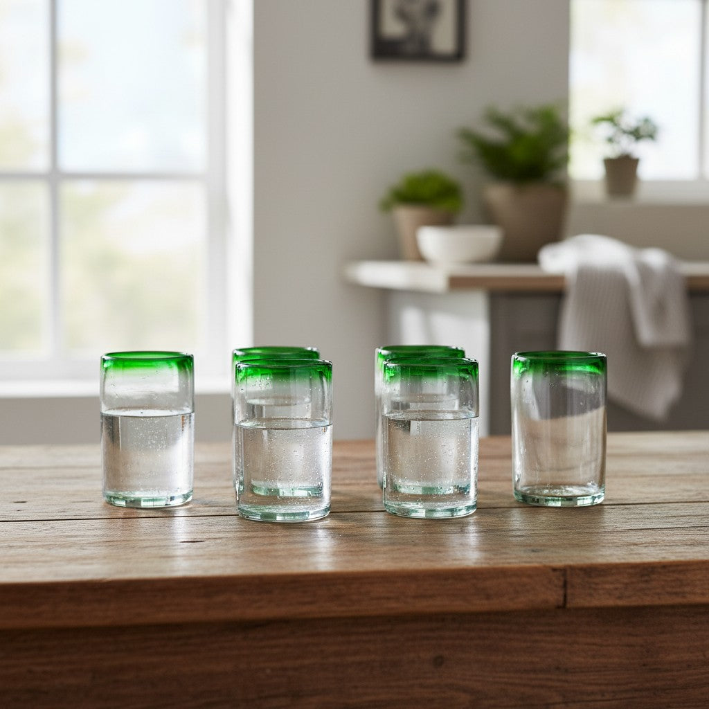 Hand-Blown Mexican Tumbler Glass | Emerald Green Rim The Talavera Hub