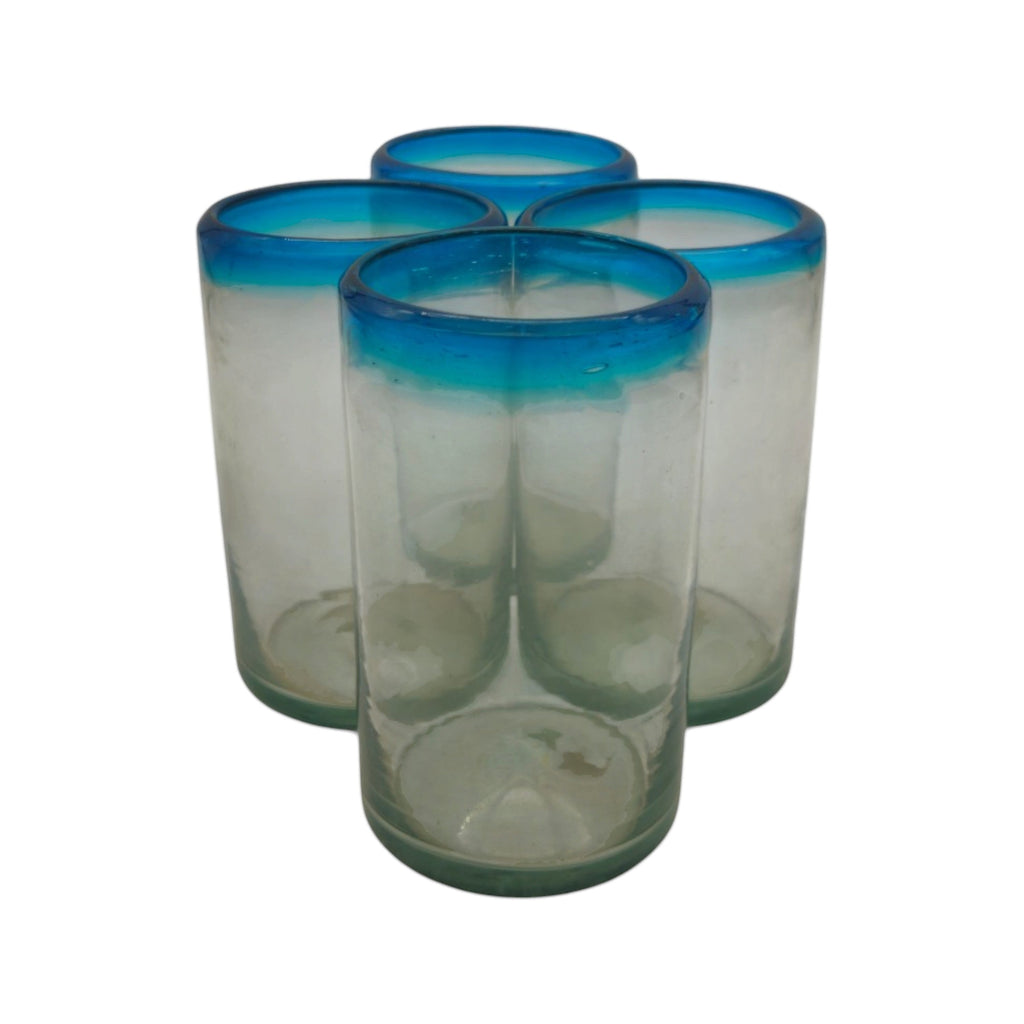 Hand-Blown Mexican Tumbler Glass | Teal Rim Design The Talavera Hub