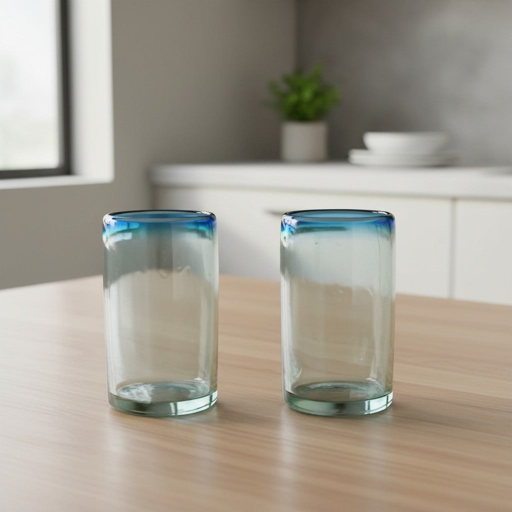 Hand-Blown Mexican Tumbler Glass | Teal Rim Design The Talavera Hub