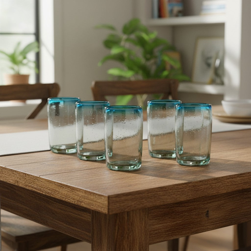 Hand-Blown Mexican Tumbler Glass | Teal Rim Design The Talavera Hub