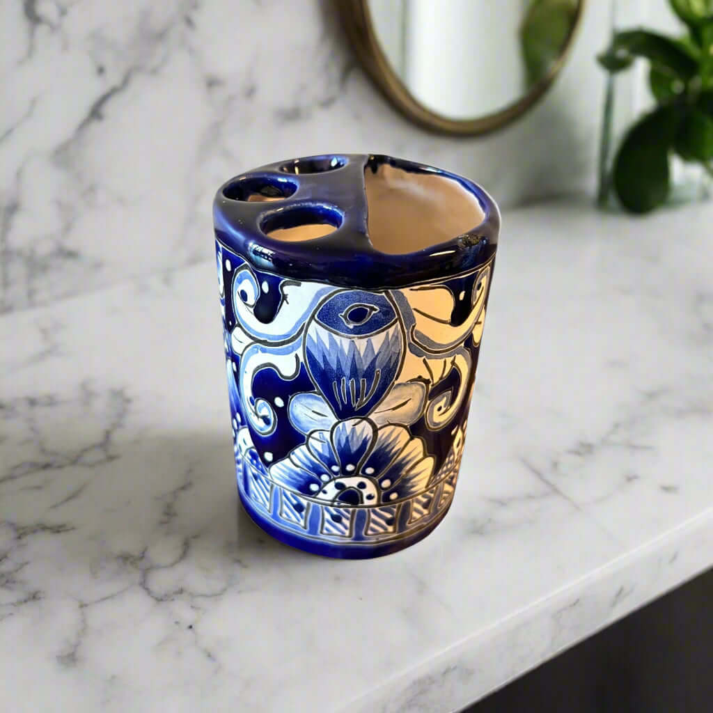 Hand-Painted Talavera Toothbrush Holder | Blue & White Ceramic The Talavera Hub