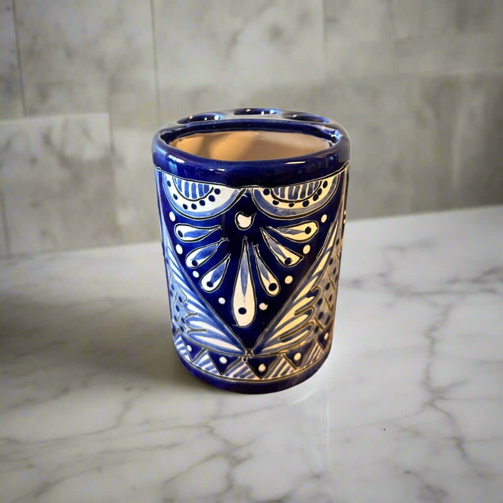 Hand-Painted Talavera Toothbrush Holder | Blue & White Ceramic The Talavera Hub