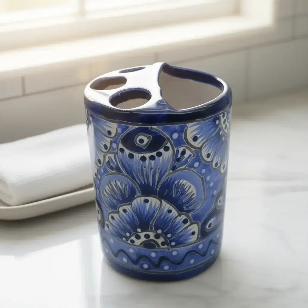 Hand-Painted Talavera Toothbrush Holder | Blue & White Ceramic The Talavera Hub