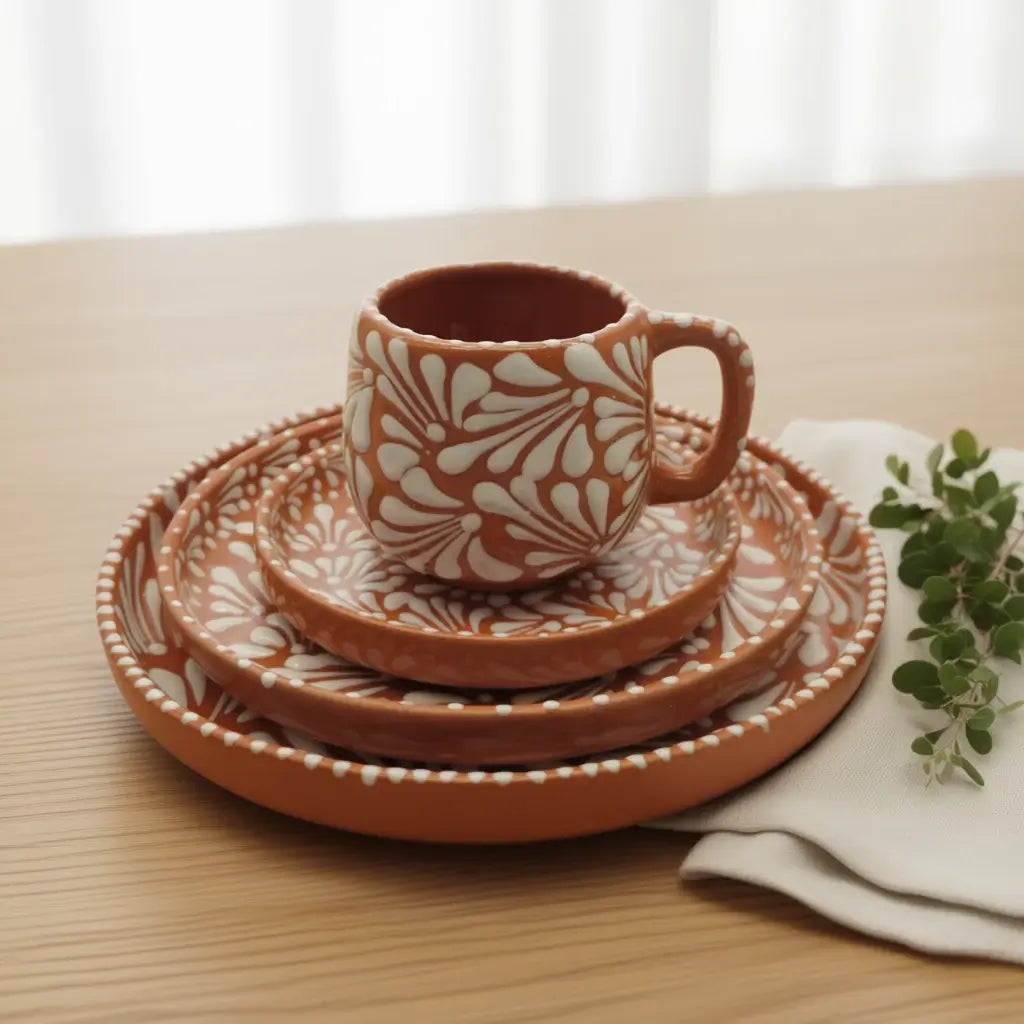 Handmade Talavera Dinnerware Set | Brown & White 4-Piece The Talavera Hub
