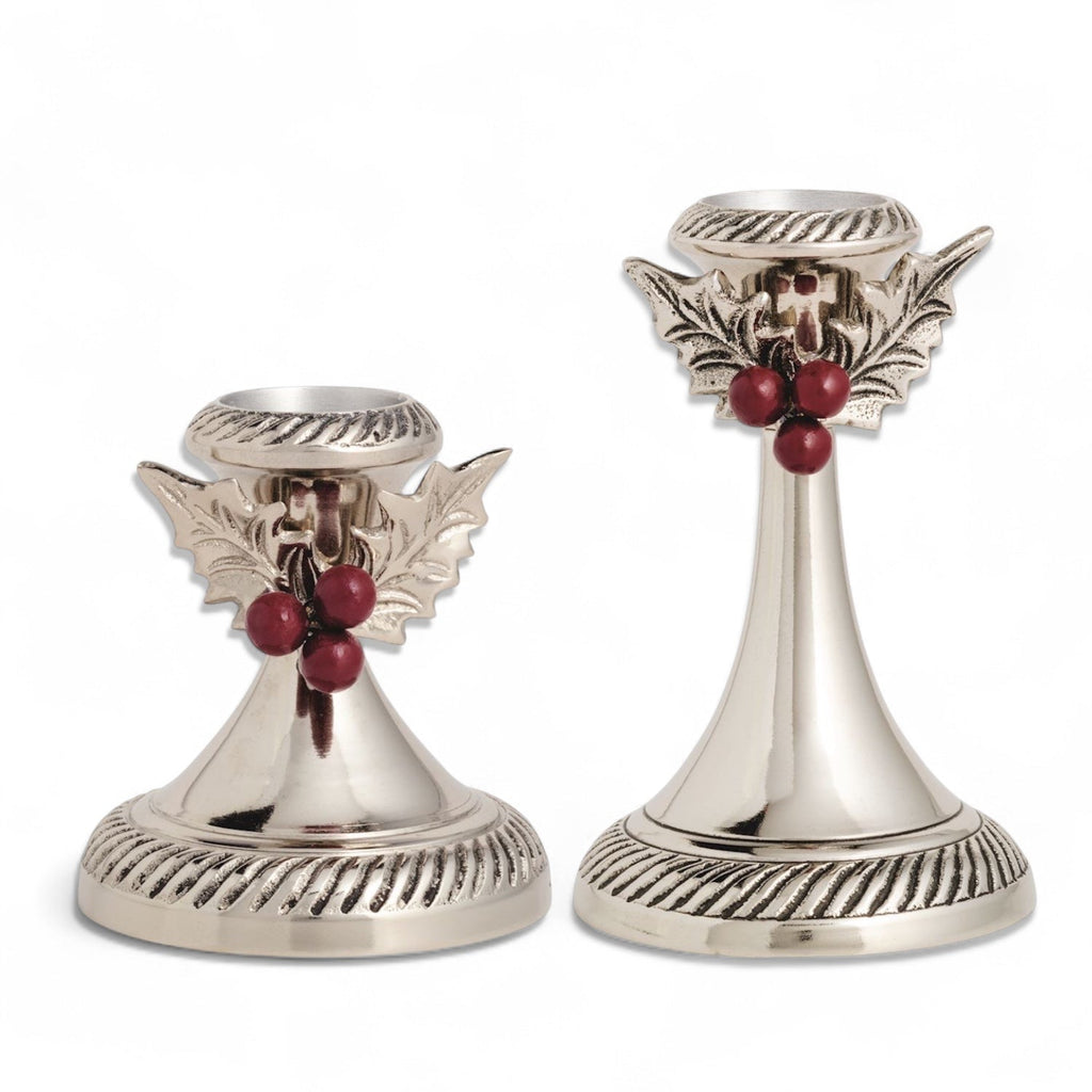 Holly Leaf & Berry Metal Candlesticks | 2 Sizes Rust & Cinder