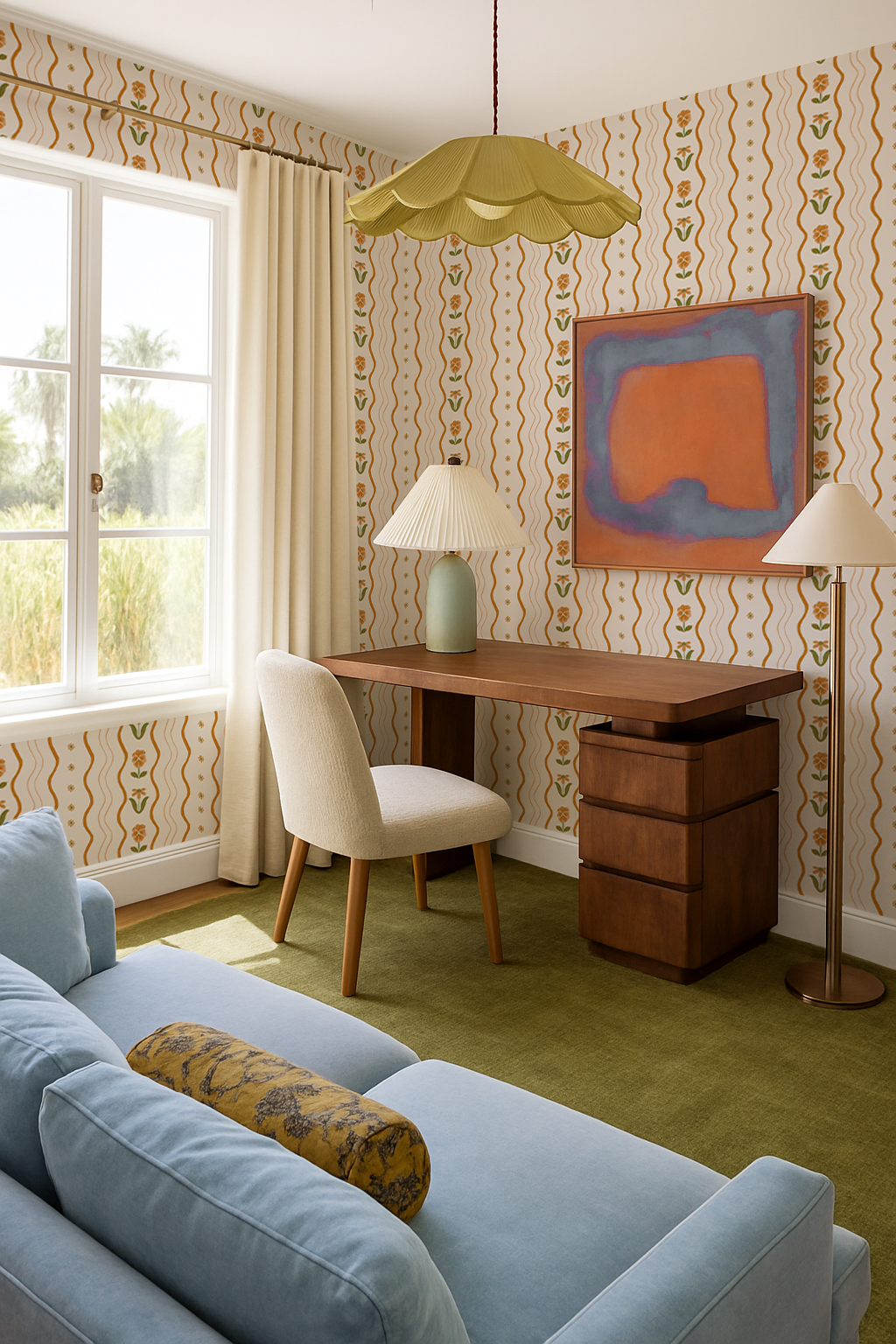 Posy Lane Stripe Wallpaper, beige and orange Samantha Santana Creative