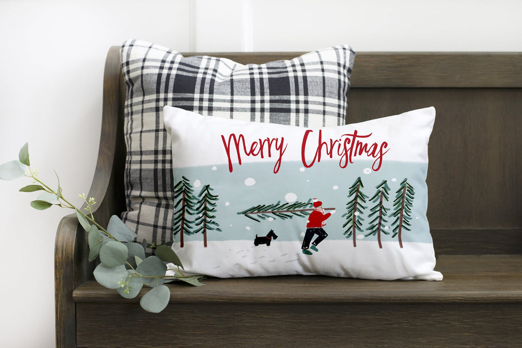 Merry Christmas with Man Carrying Tree- 12x20 inch pillow cover #24 Cotton and Crate