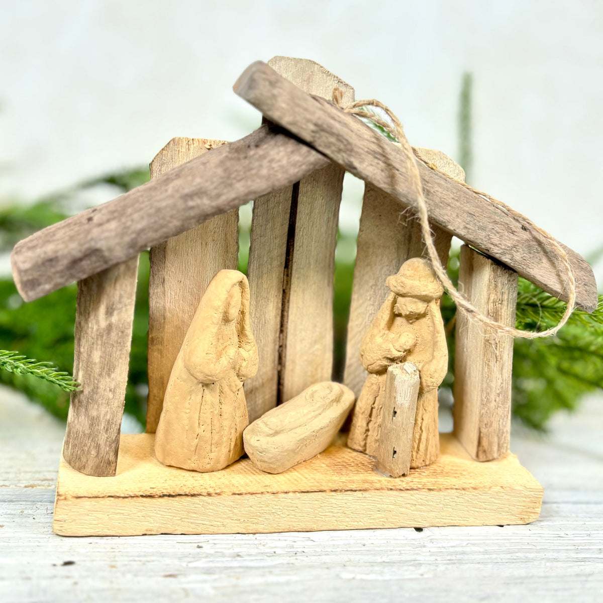 Driftwood Nativity on Twine Ornament Branches Designs