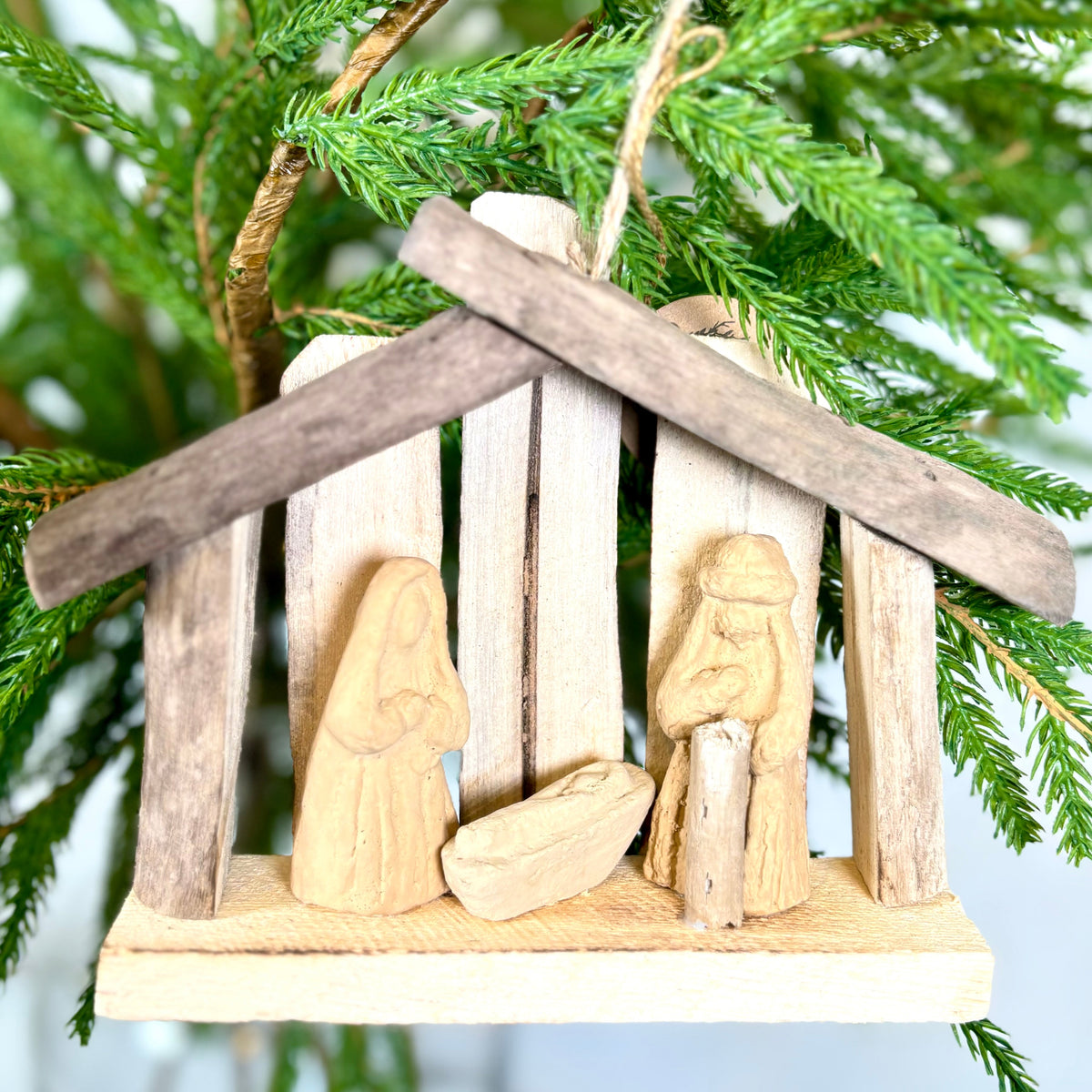 Driftwood Nativity on Twine Ornament Branches Designs