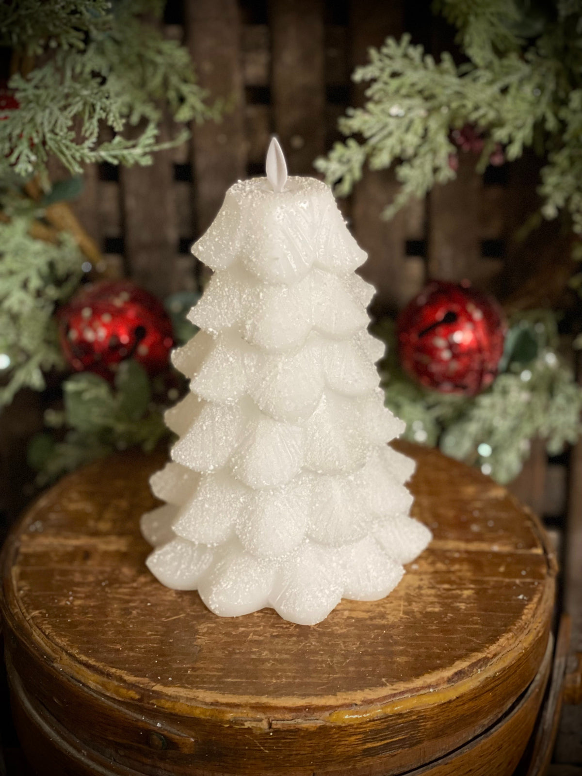 White Glitter Christmas Tree LED Moving Flame Candle Rust & Cinder