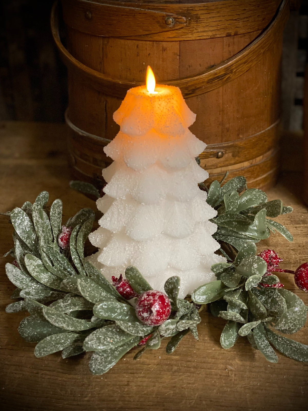 White Glitter Christmas Tree LED Moving Flame Candle Rust & Cinder