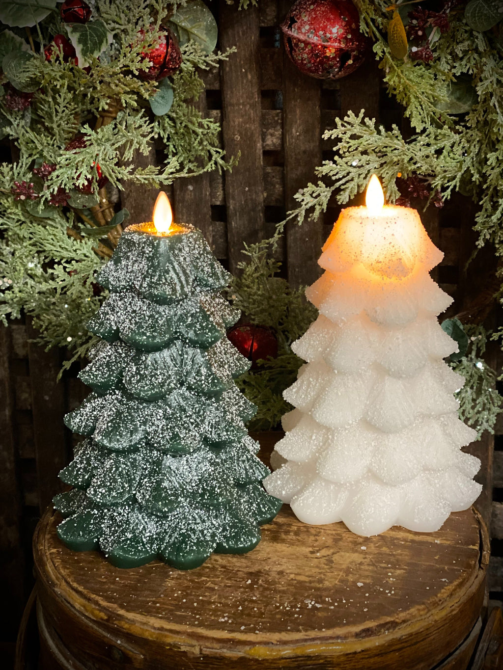 White Glitter Christmas Tree LED Moving Flame Candle Rust & Cinder
