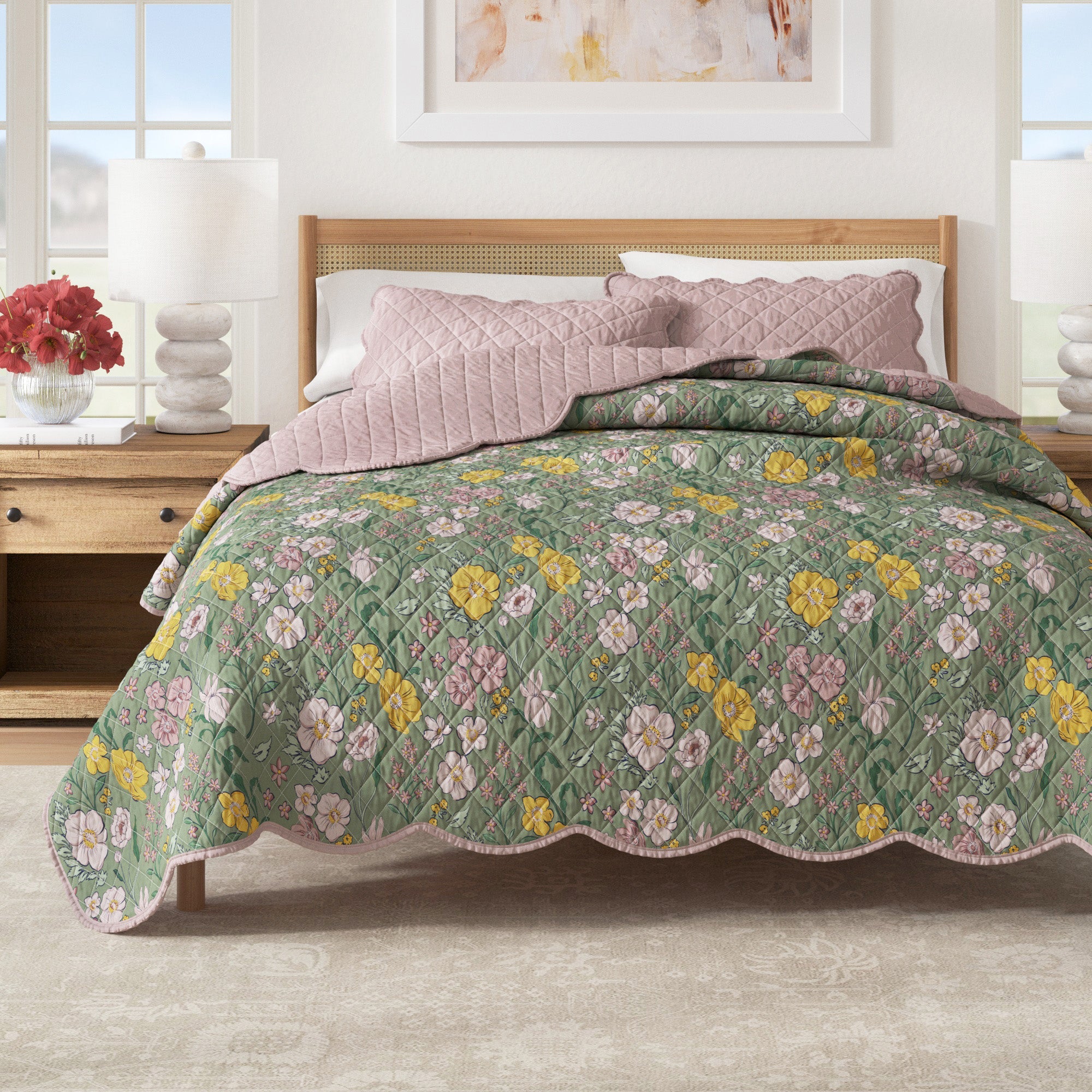 Floral Print & Scalloped Cotton Quilt Set - Gwen Collection Great Bay Home