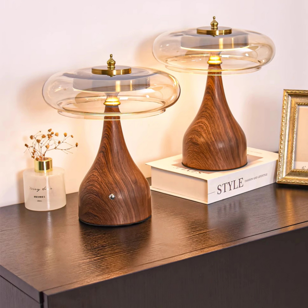 Modern Wooden & Glass Table Lamp | Minimalist Mushroom Desk Light VietmadeHomeArt