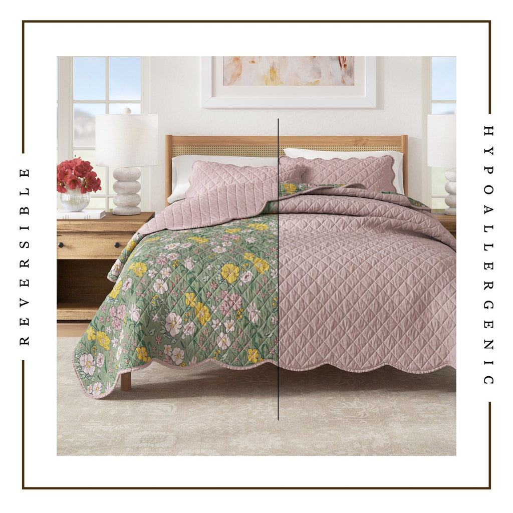 Floral Print & Scalloped Cotton Quilt Set - Gwen Collection Great Bay Home