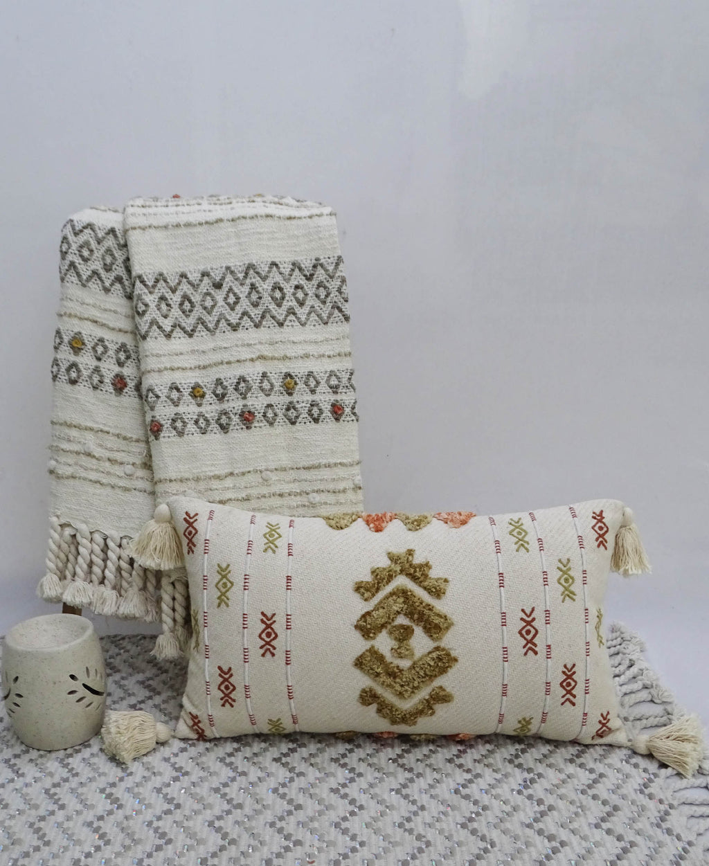Embroidery Throw Pillow with Tassels 14" X 24" Vibhsa