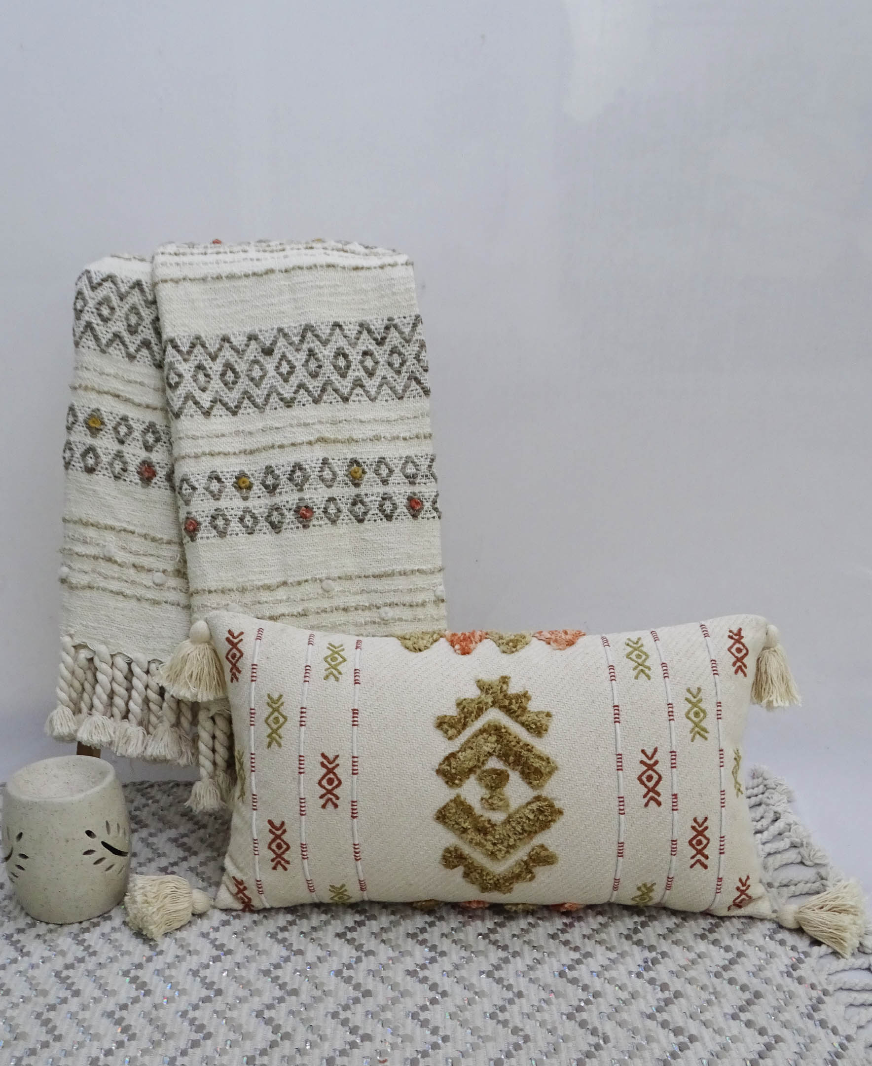 Embroidery Throw Pillow with Tassels 14" X 24" Vibhsa