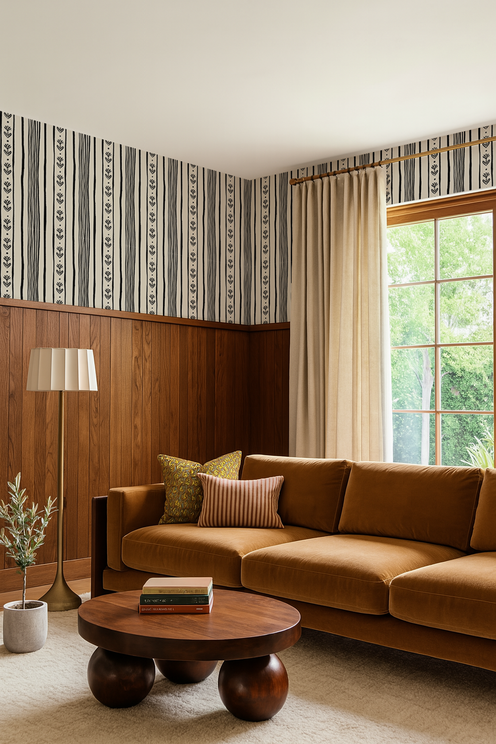 Daisy Chain Stripe Wallpaper, beige and black Samantha Santana Creative